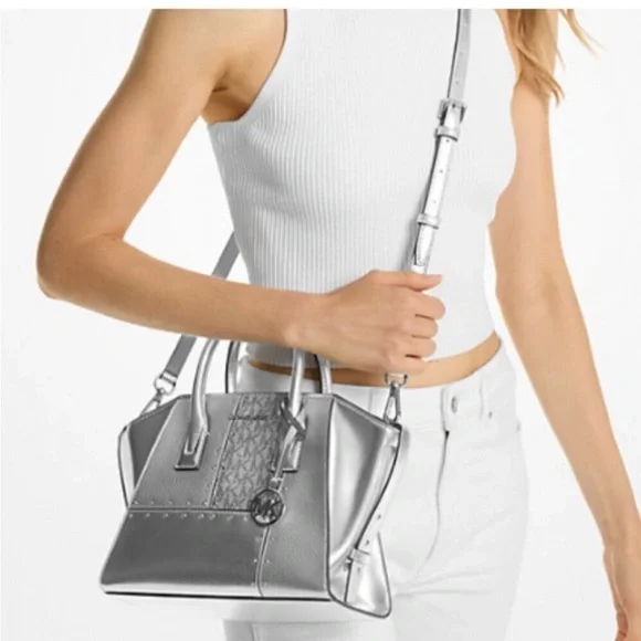 Michael Kors Avril Small Metallic Studded Patchwork Satchel Crossbody Silver